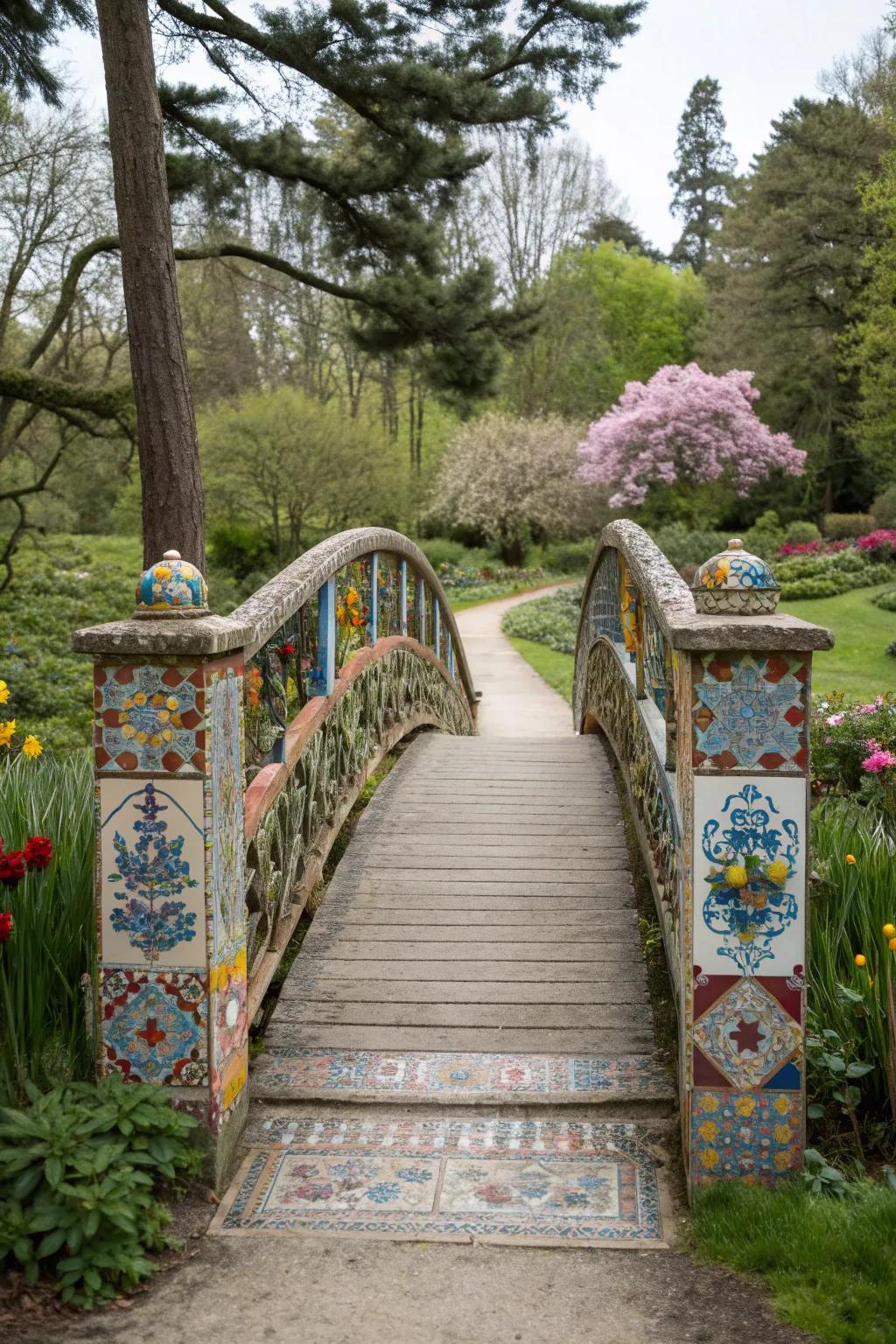 A mosaic bridge adds color and personality to a garden.