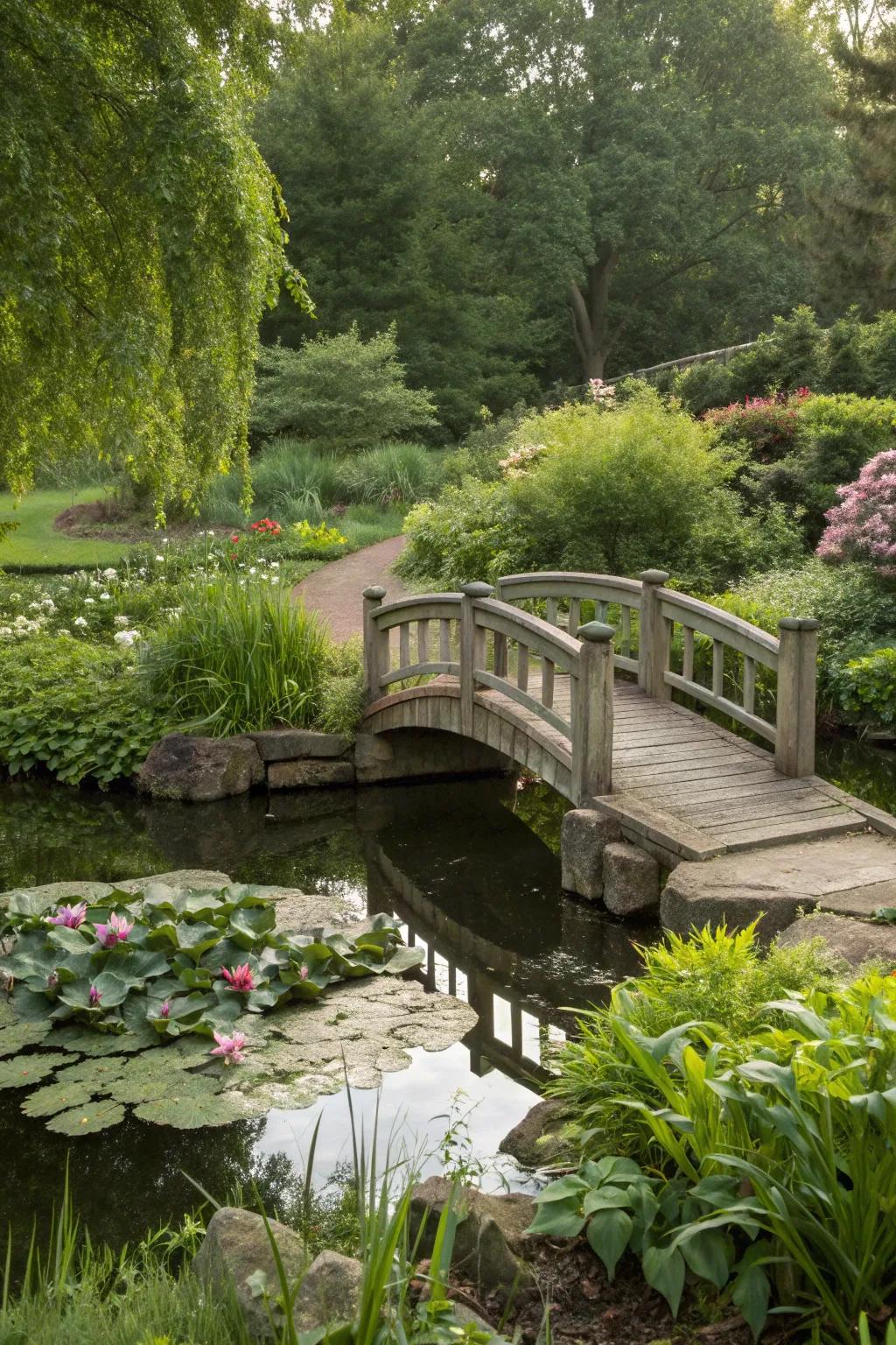 A bridge with integrated seating creates a relaxing garden retreat.
