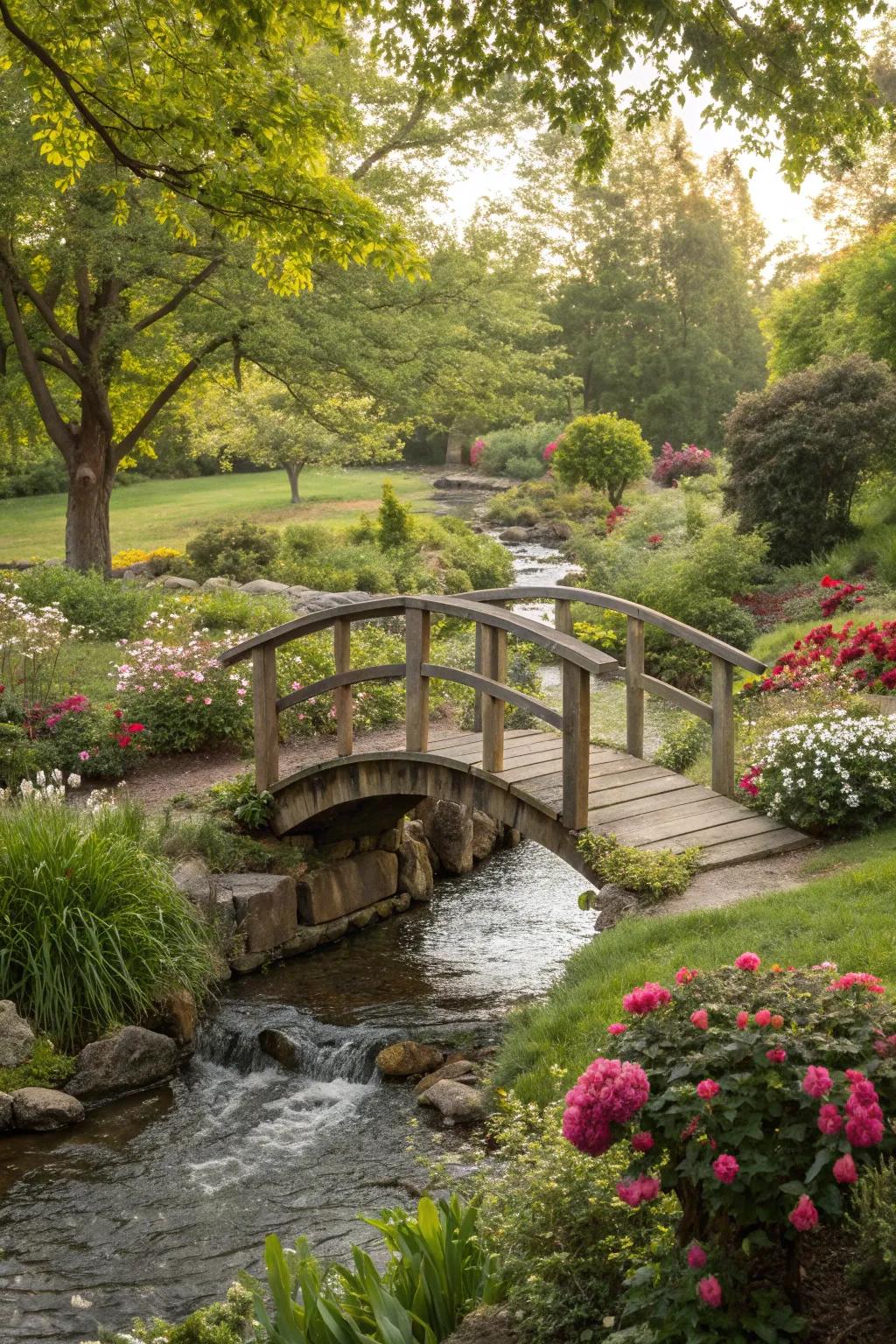 A rustic wooden bridge adds charm to a garden stream.