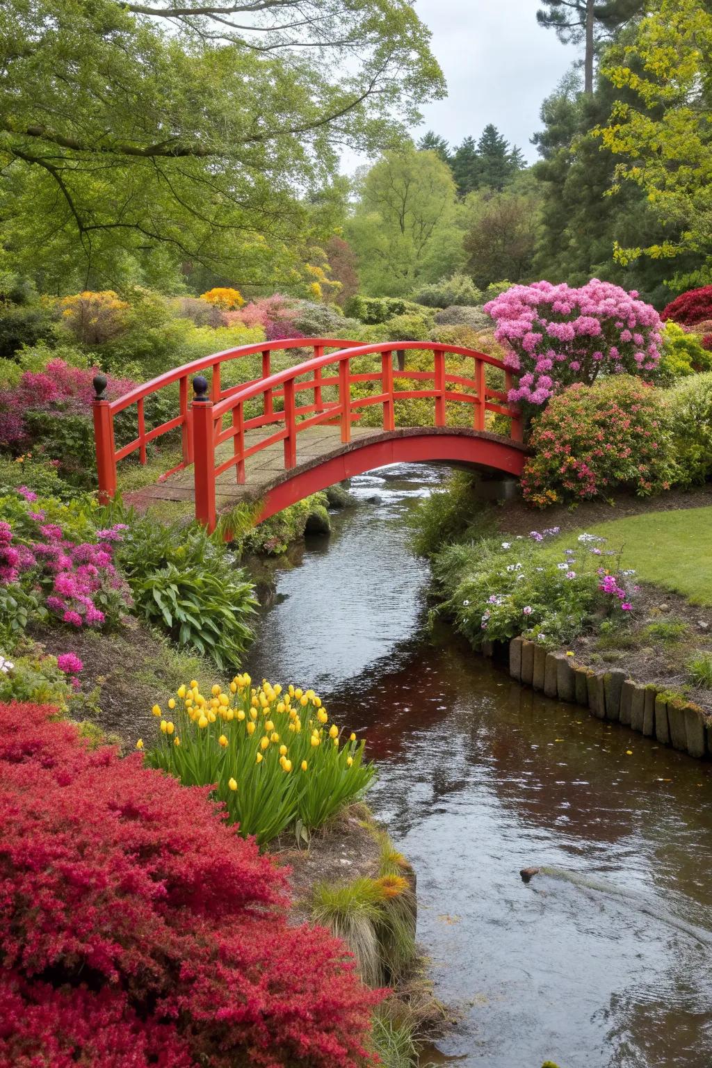 A brightly colored bridge becomes a garden's focal point.