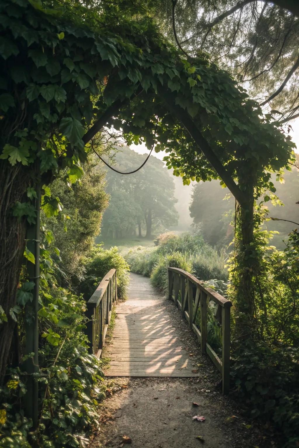 A hidden bridge pathway invites exploration in a garden.