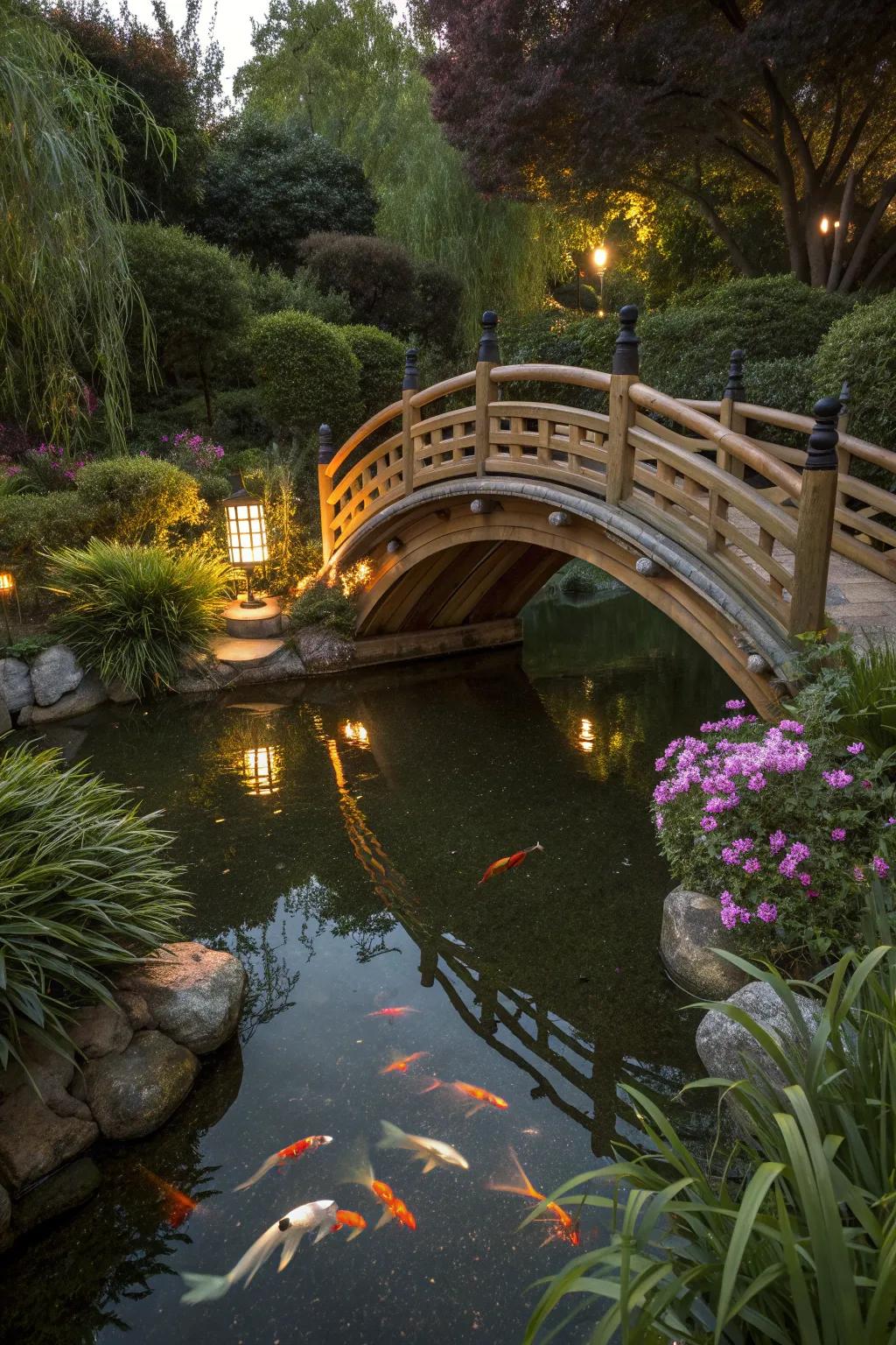 A Japanese-style bridge creates a serene garden atmosphere.
