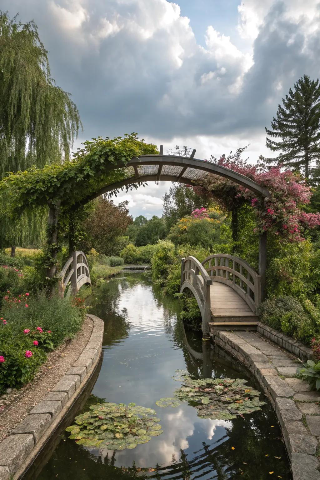 A nature-inspired canopy adds interest and shade to a garden bridge.