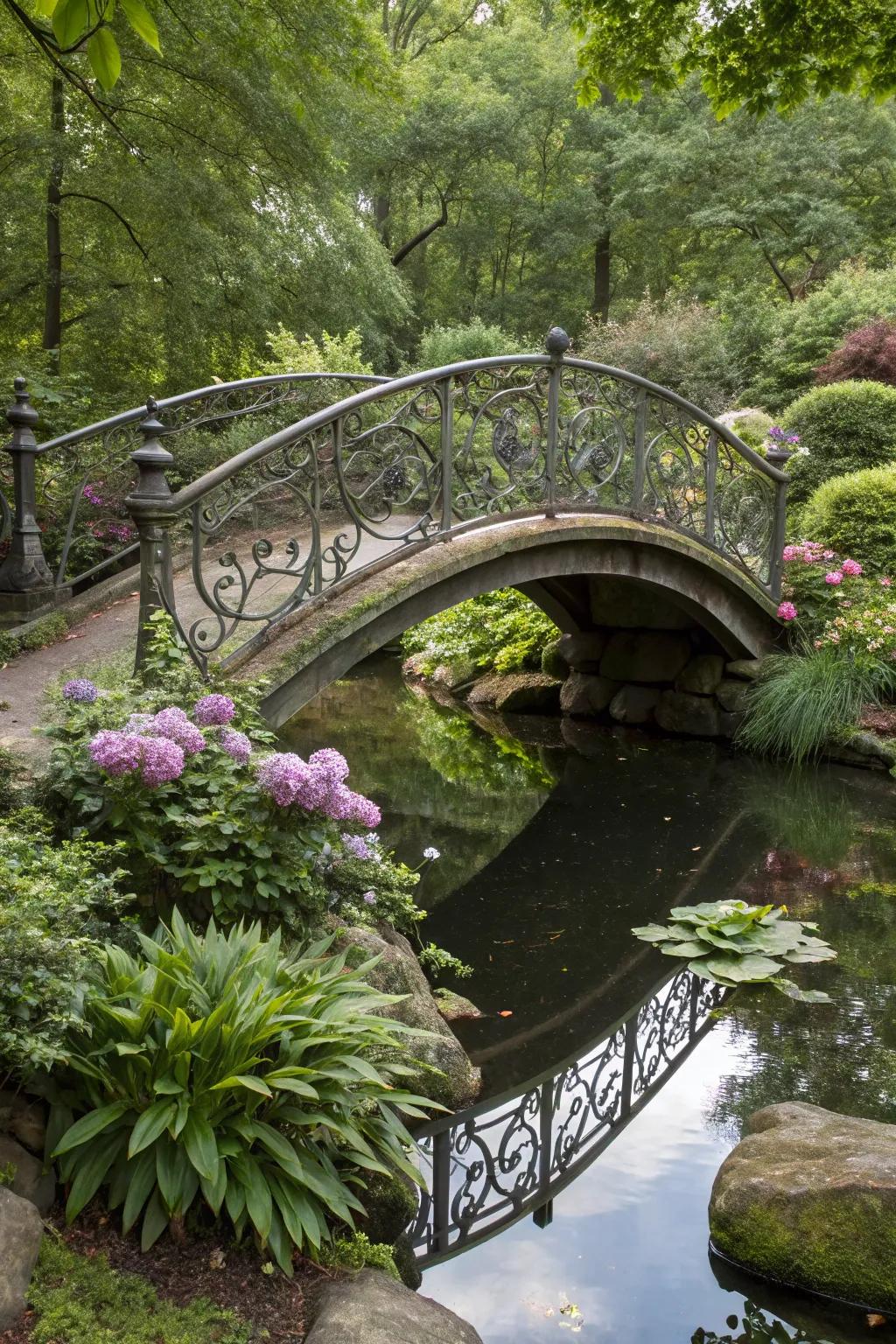 Intricate metalwork turns a garden bridge into a piece of art.