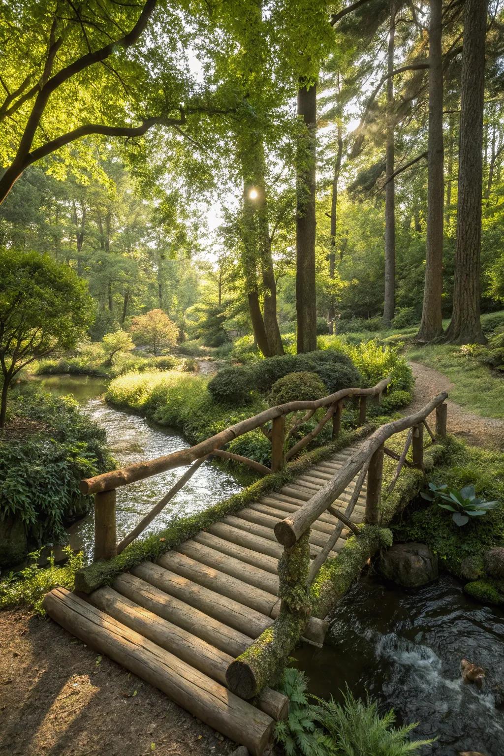 A natural log bridge integrates perfectly into a wooded garden.