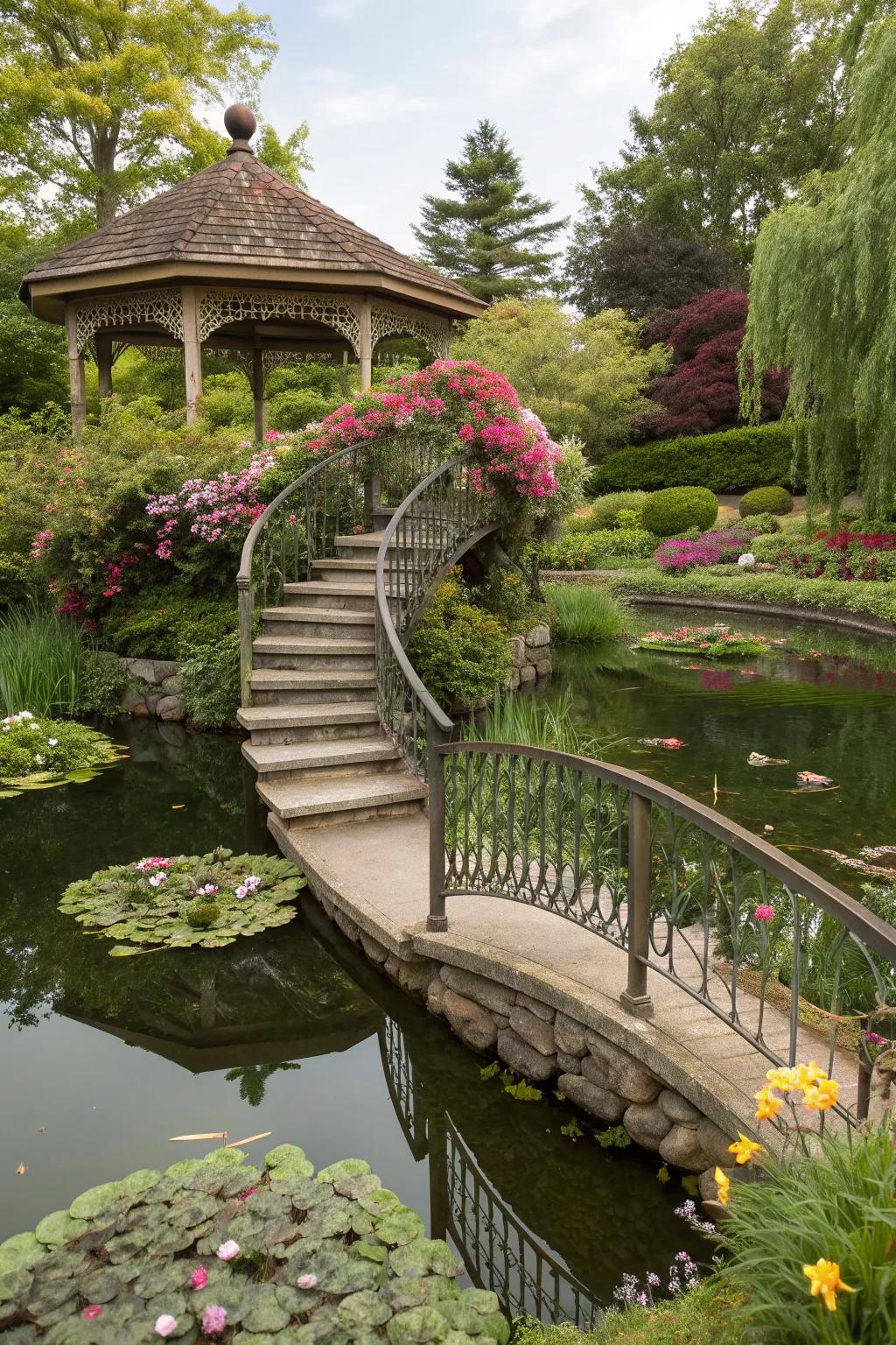 A spiral bridge adds unique charm to a garden.