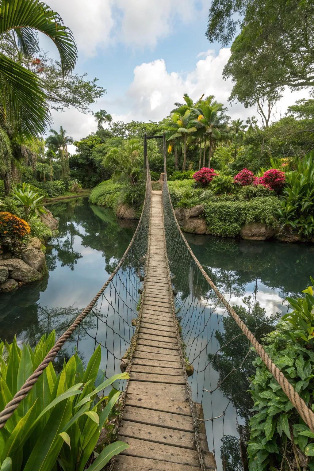 A rope suspension bridge brings a playful vibe to a garden.