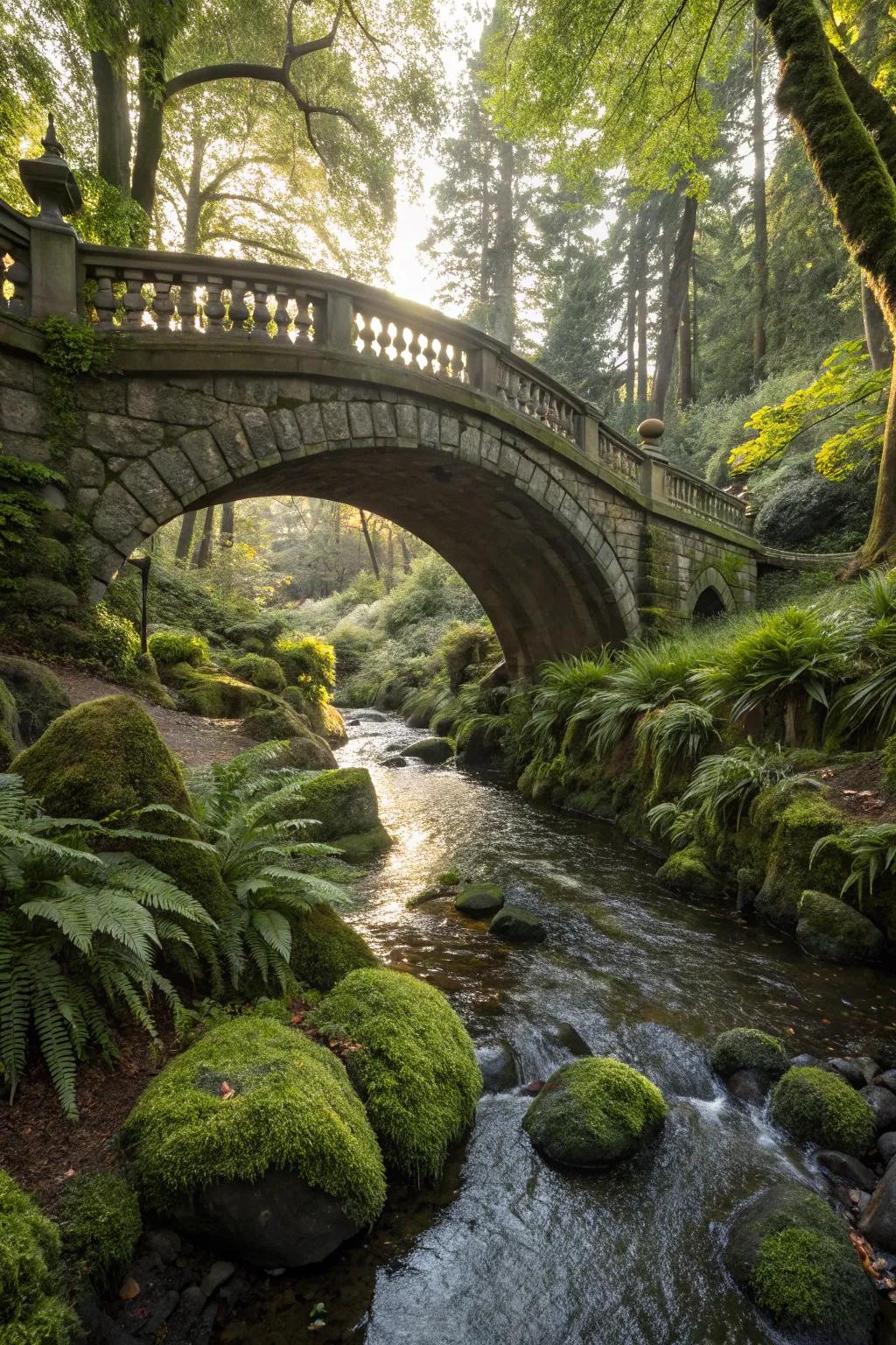 An elegant stone bridge enhances a natural landscape.