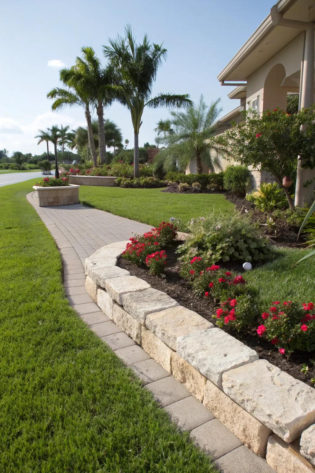 Stone edging provides a clean look to this Florida front yard.