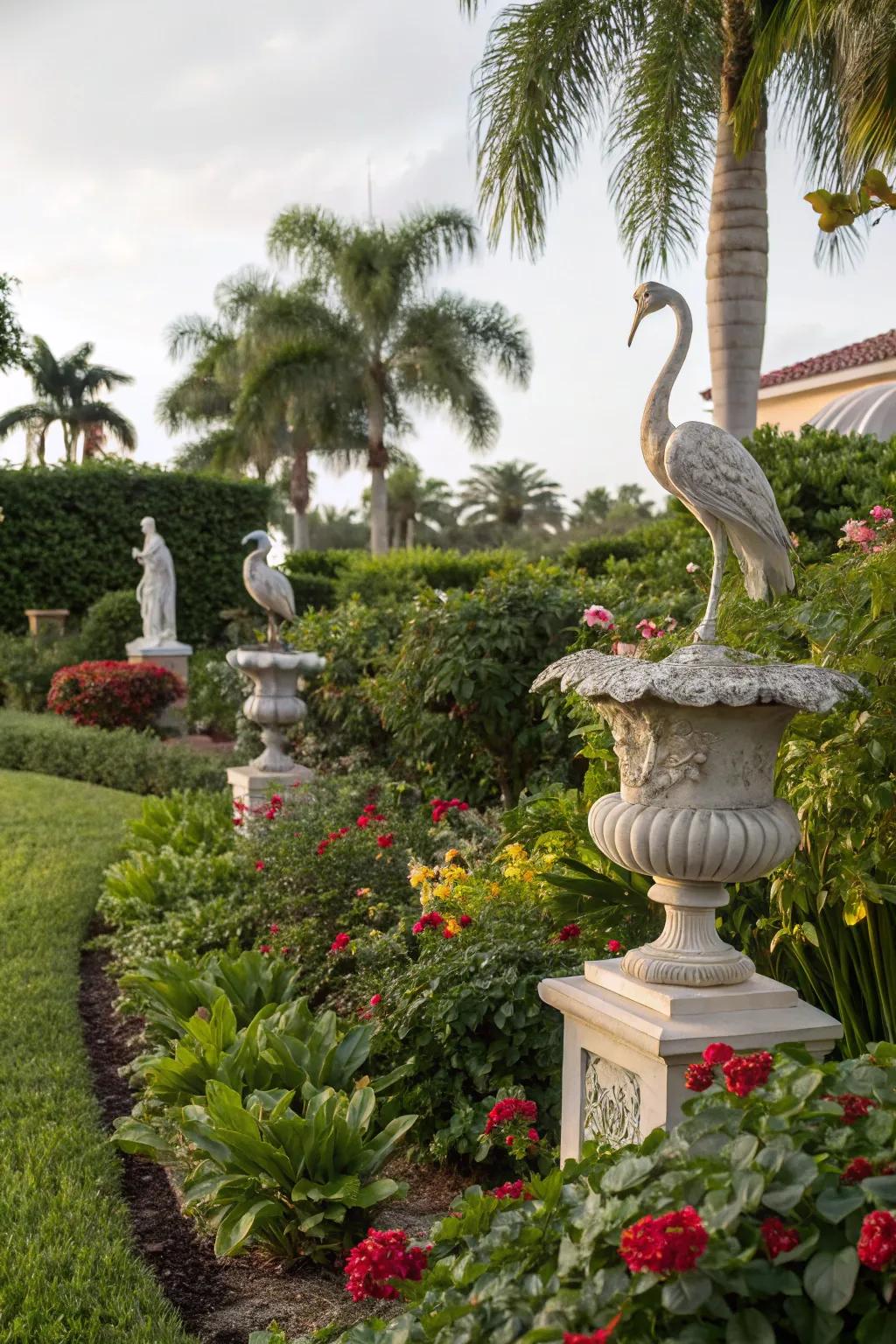 Garden sculptures add artistic flair and interest.