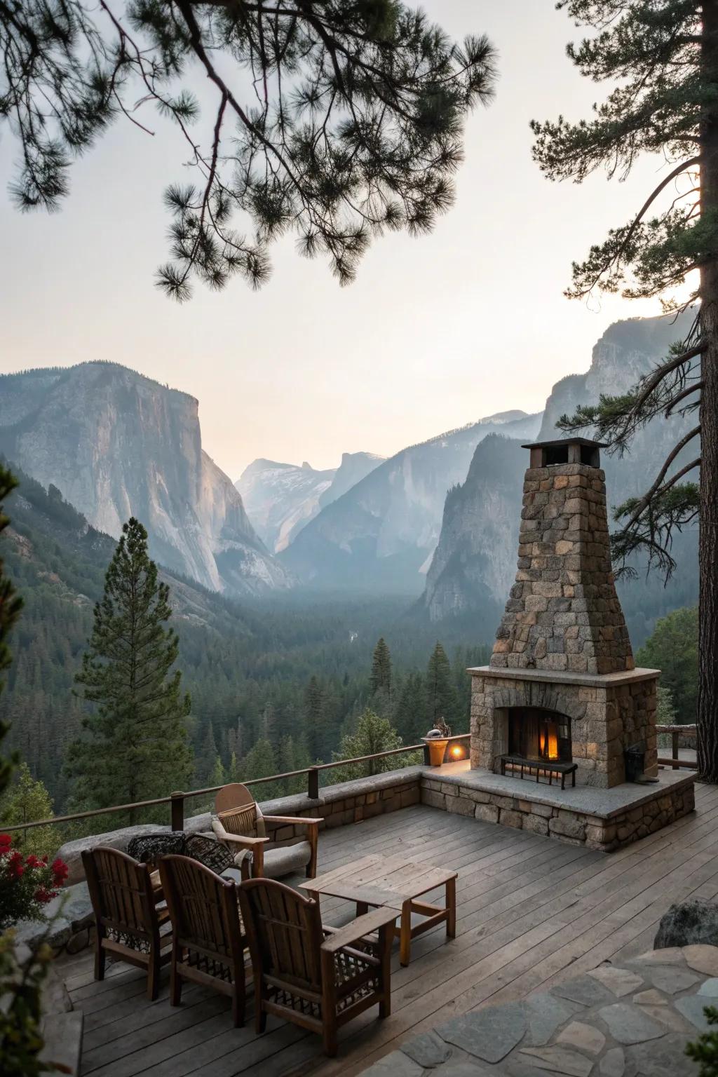A mountain deck with stone accents for rustic elegance.
