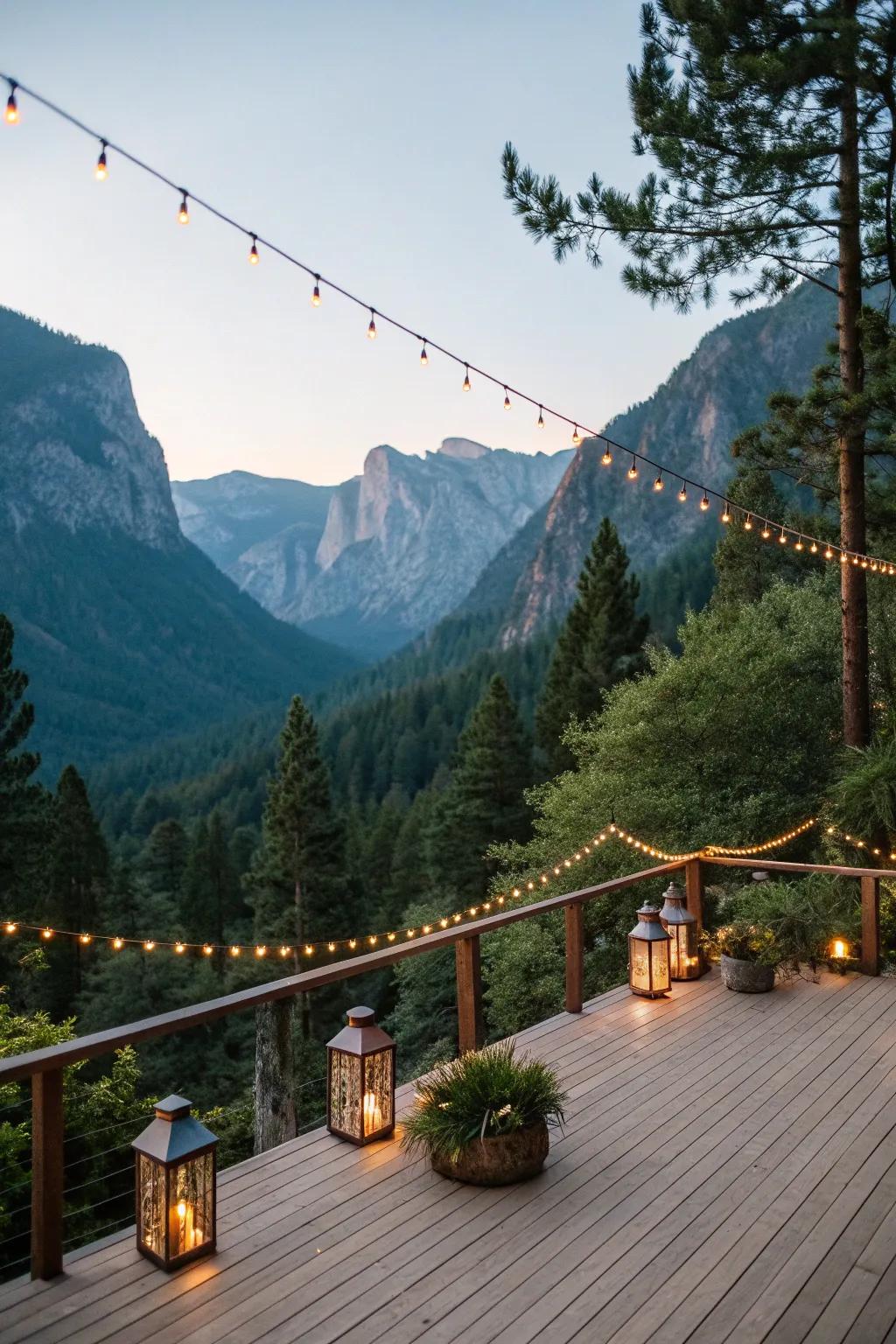 A mountain deck aglow with ambient string lights for evening charm.