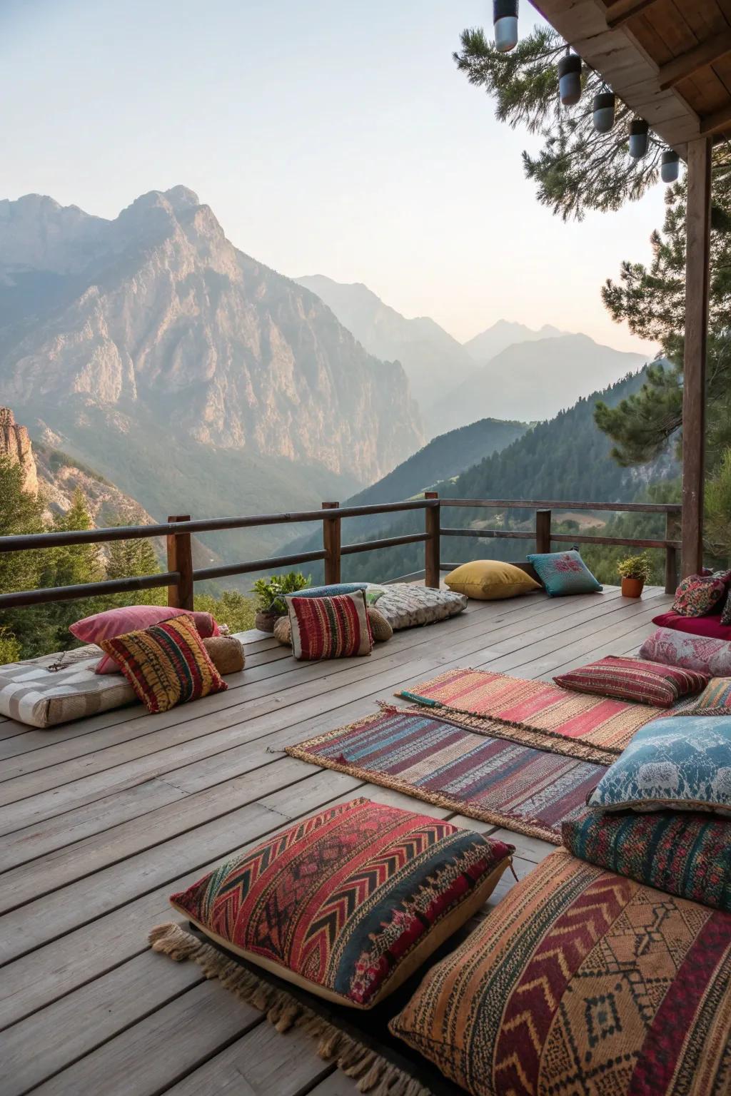 A mountain deck decorated with colorful cushions and rugs for added comfort.