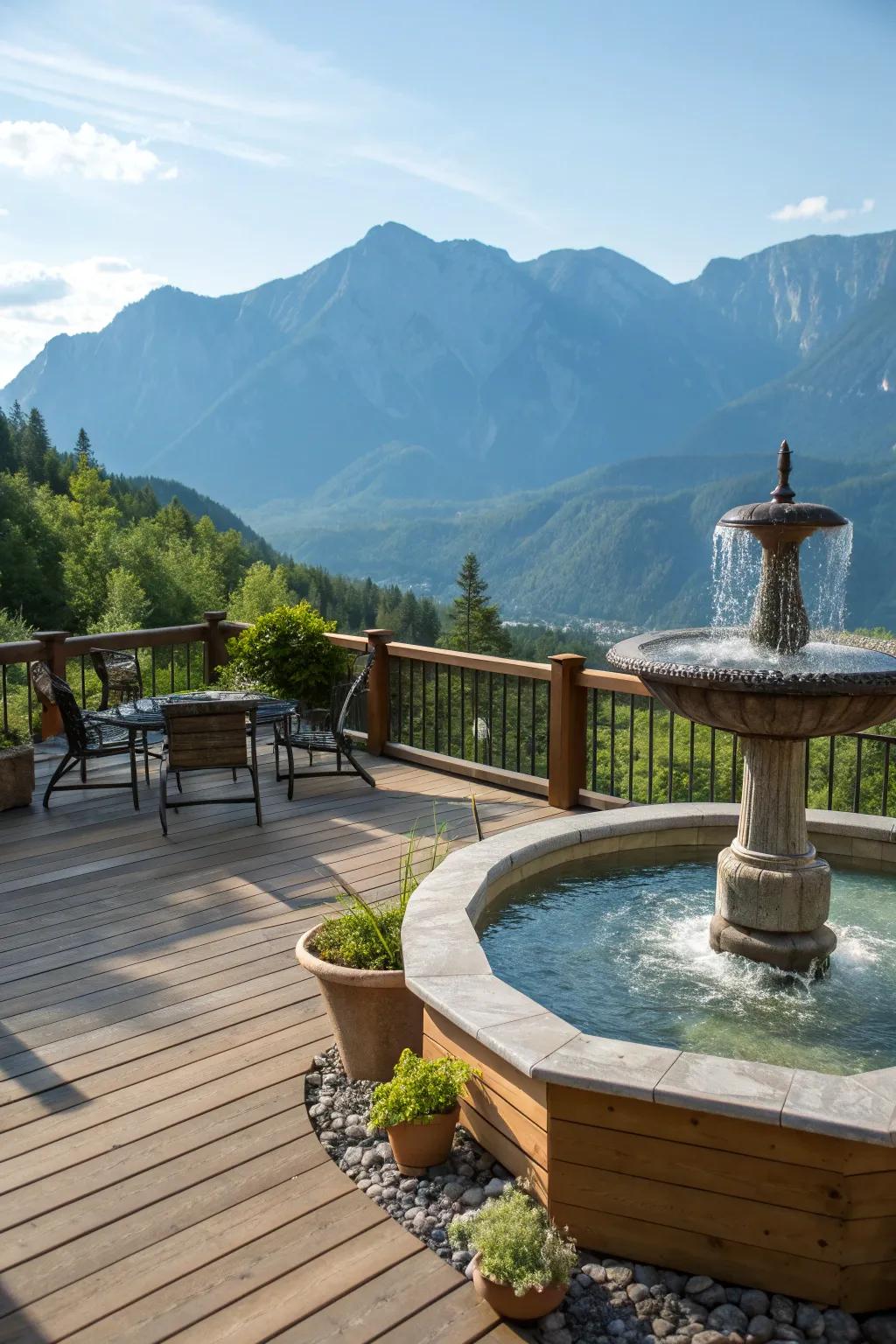 A mountain deck featuring a tranquil water feature for added serenity.