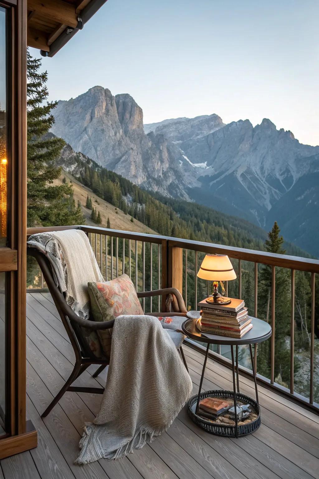 A mountain deck with a cozy reading nook for quiet relaxation.