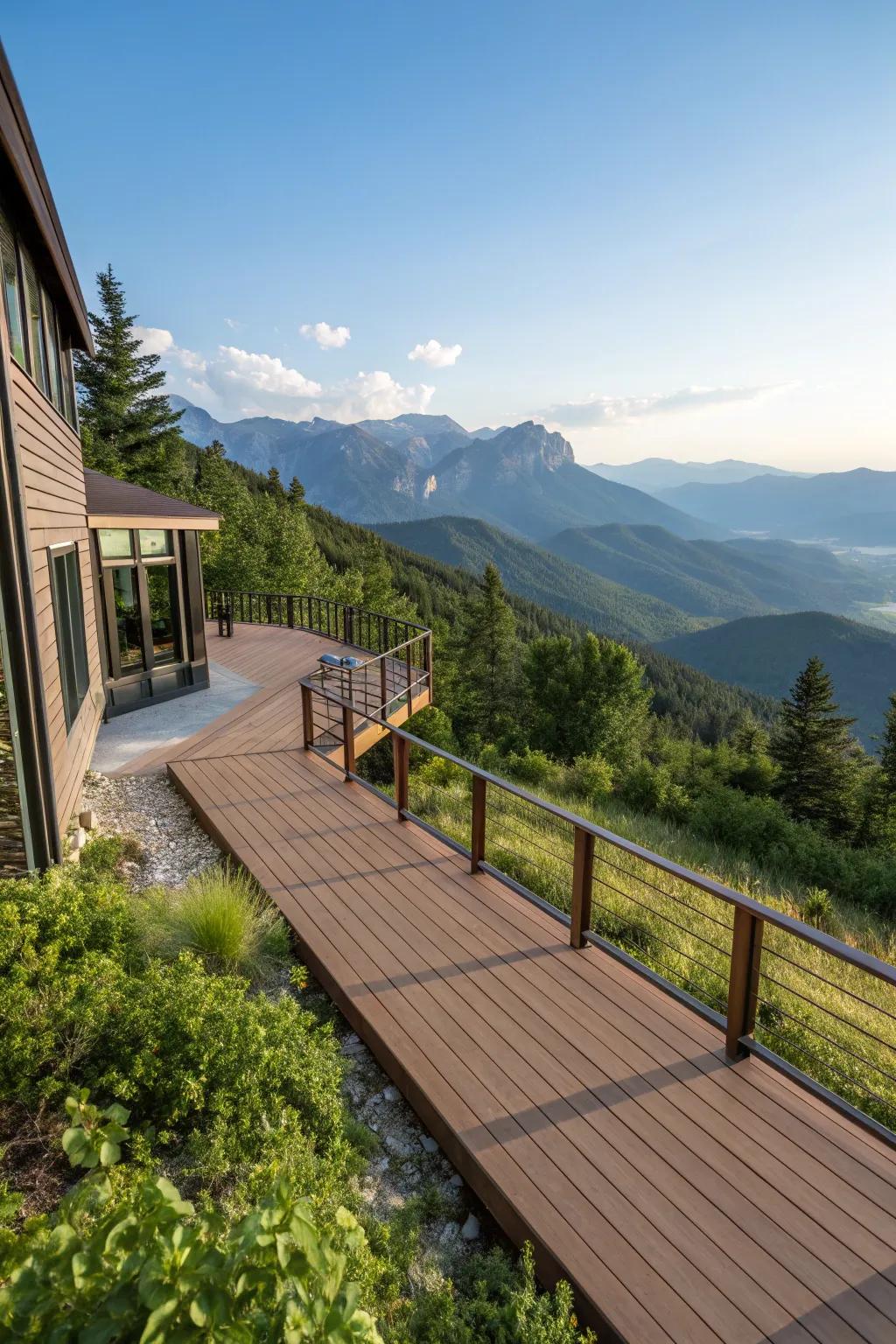 A mountain deck constructed with sustainable, eco-friendly materials.