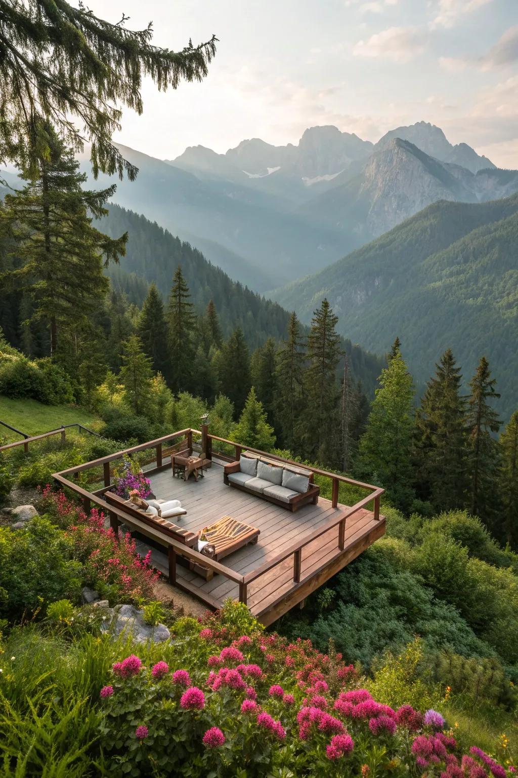 A mountain deck with a sunken seating area for intimate gatherings.