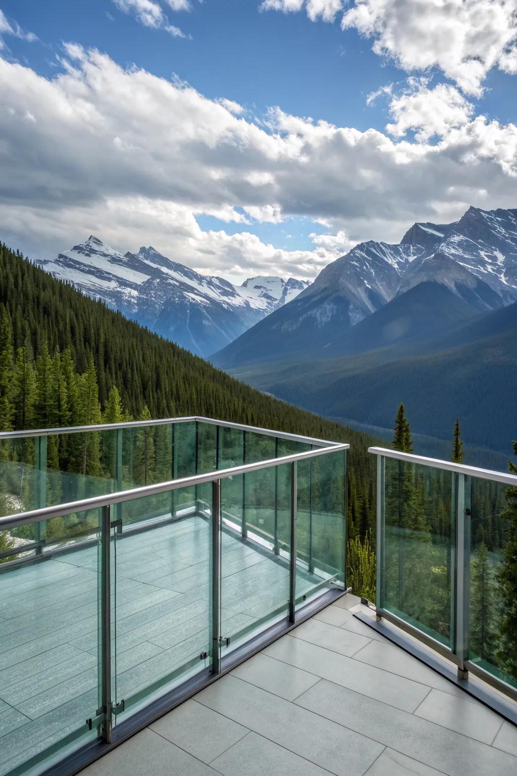A serene mountain deck with clear glass railings for unobstructed views.