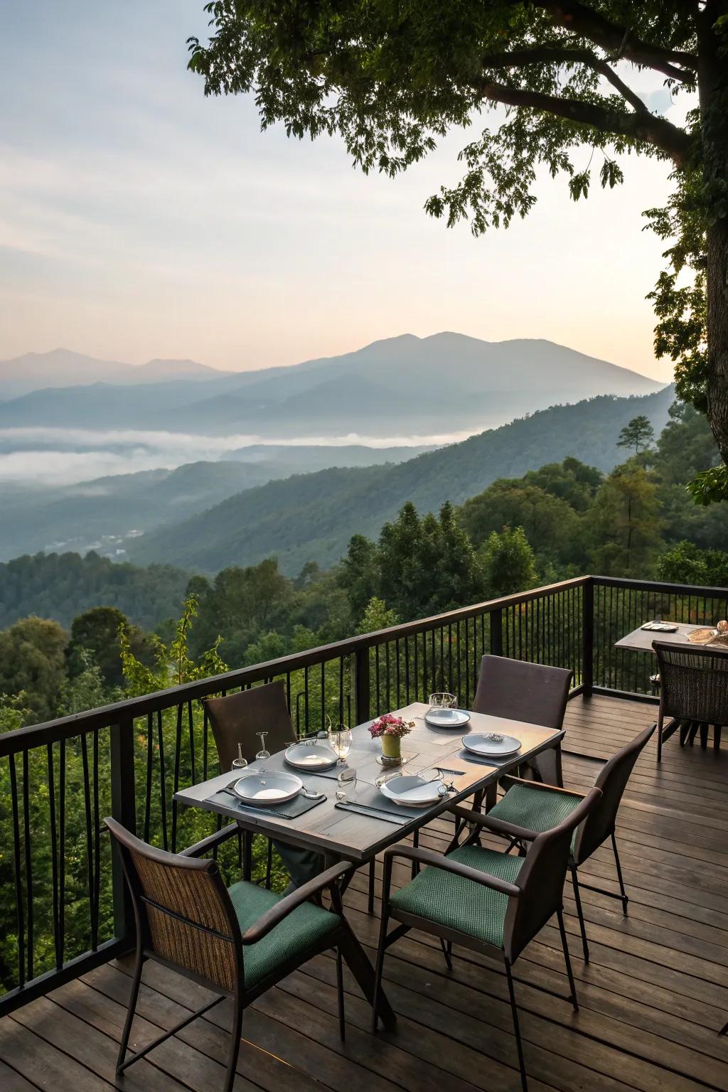 A mountain deck with a dining area ideal for meals with a view.
