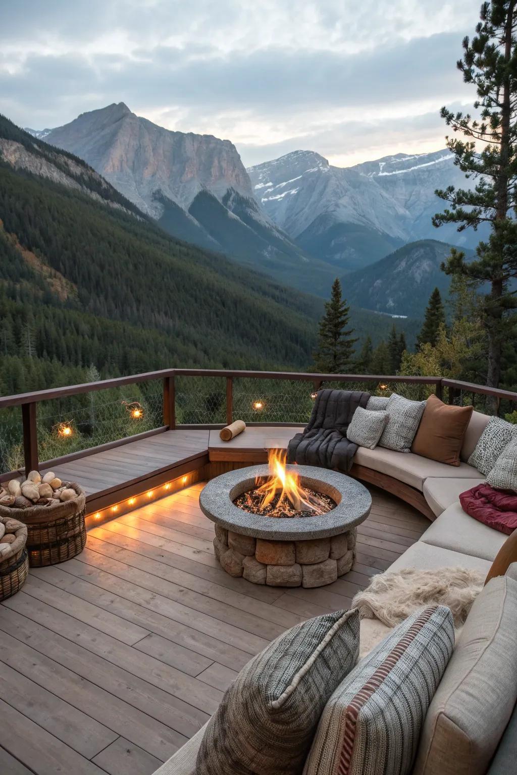 A cozy mountain deck with a stone fire pit perfect for evening gatherings.