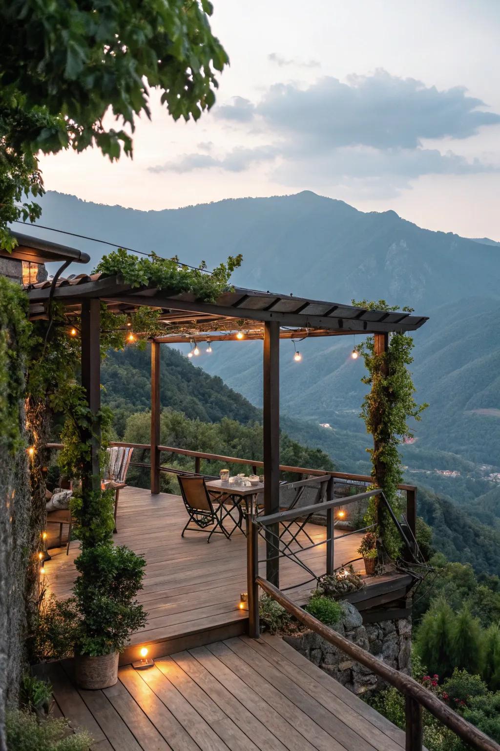 A mountain deck with a pergola and soft lighting for evening allure.