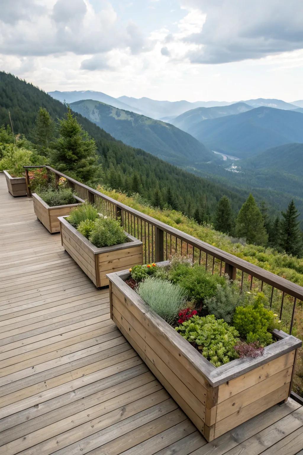 A mountain deck with built-in planters for a touch of greenery.