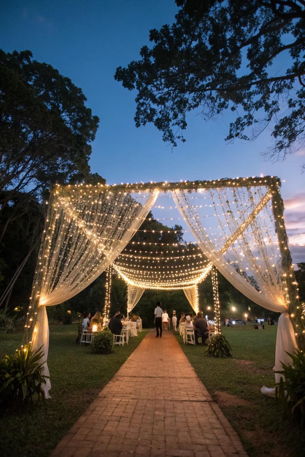 Fairy lights create a starry canopy for your entrance.