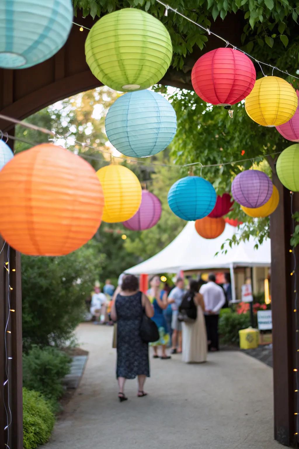 Whimsical paper lanterns set a festive tone.