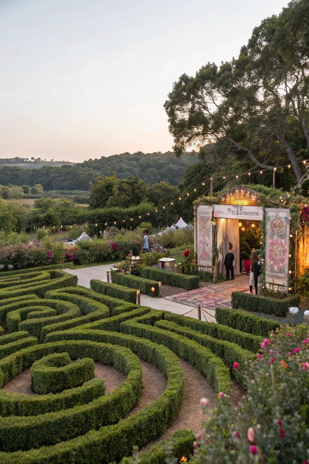 An interactive garden maze adds a touch of adventure.