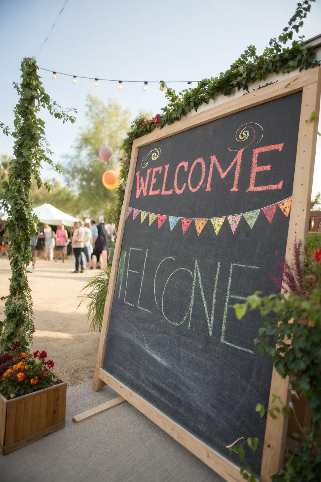A personalized chalkboard makes guests feel special.