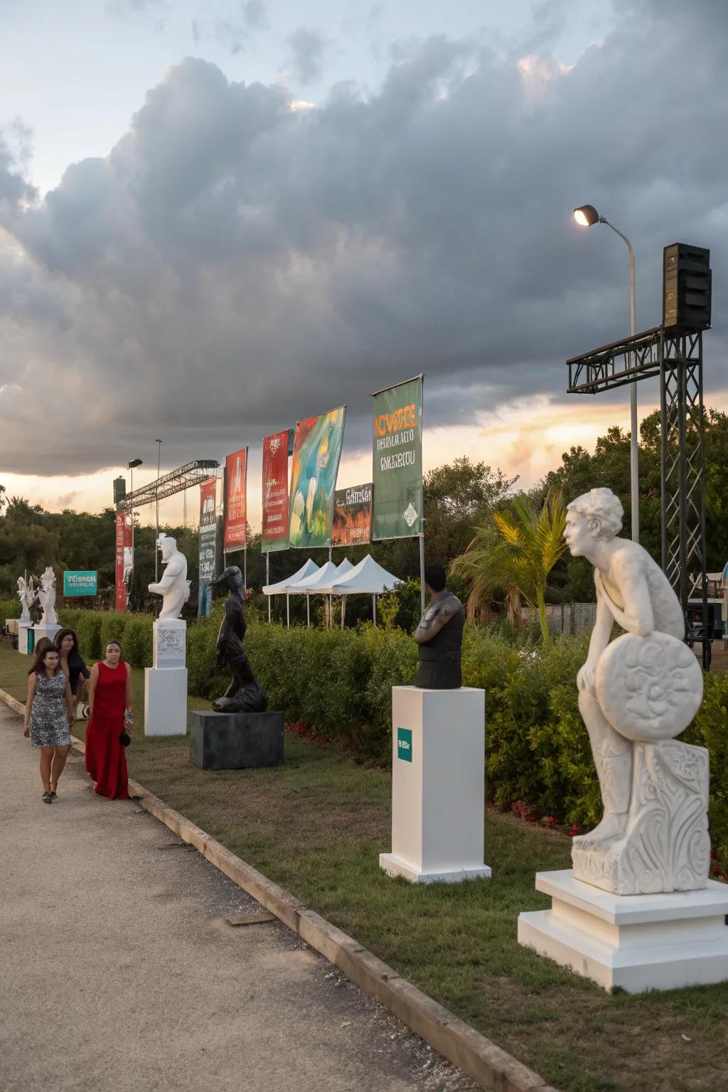 Artistic sculptures elevate the entrance's elegance.