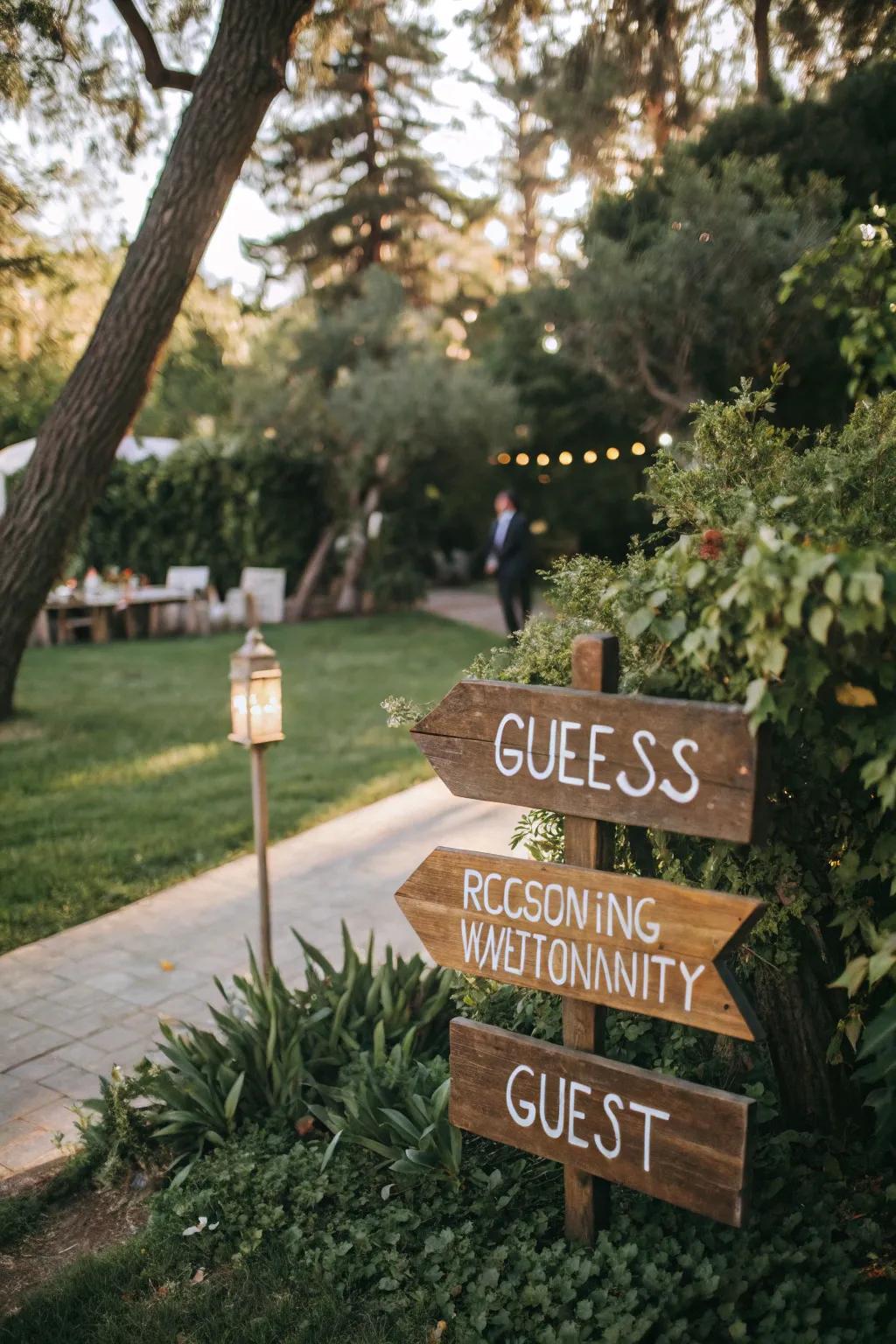 Rustic wooden signs add charm and direction.