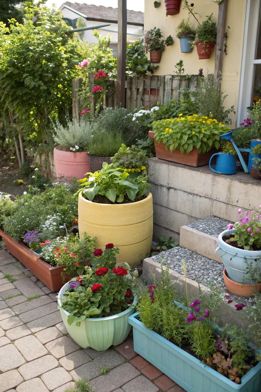 Mix and match planters for a dynamic corner display.