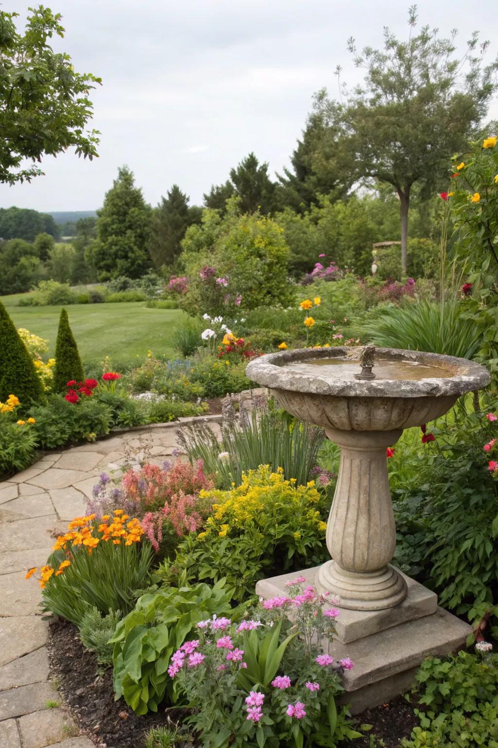 A bird bath adds charm and attracts wildlife to your garden.