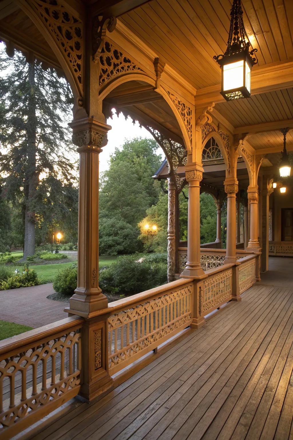 Architectural details that add character to a wooden porch.