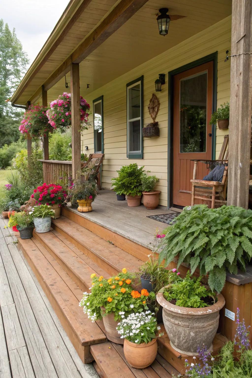A wooden porch enhanced by a variety of lush potted plants.