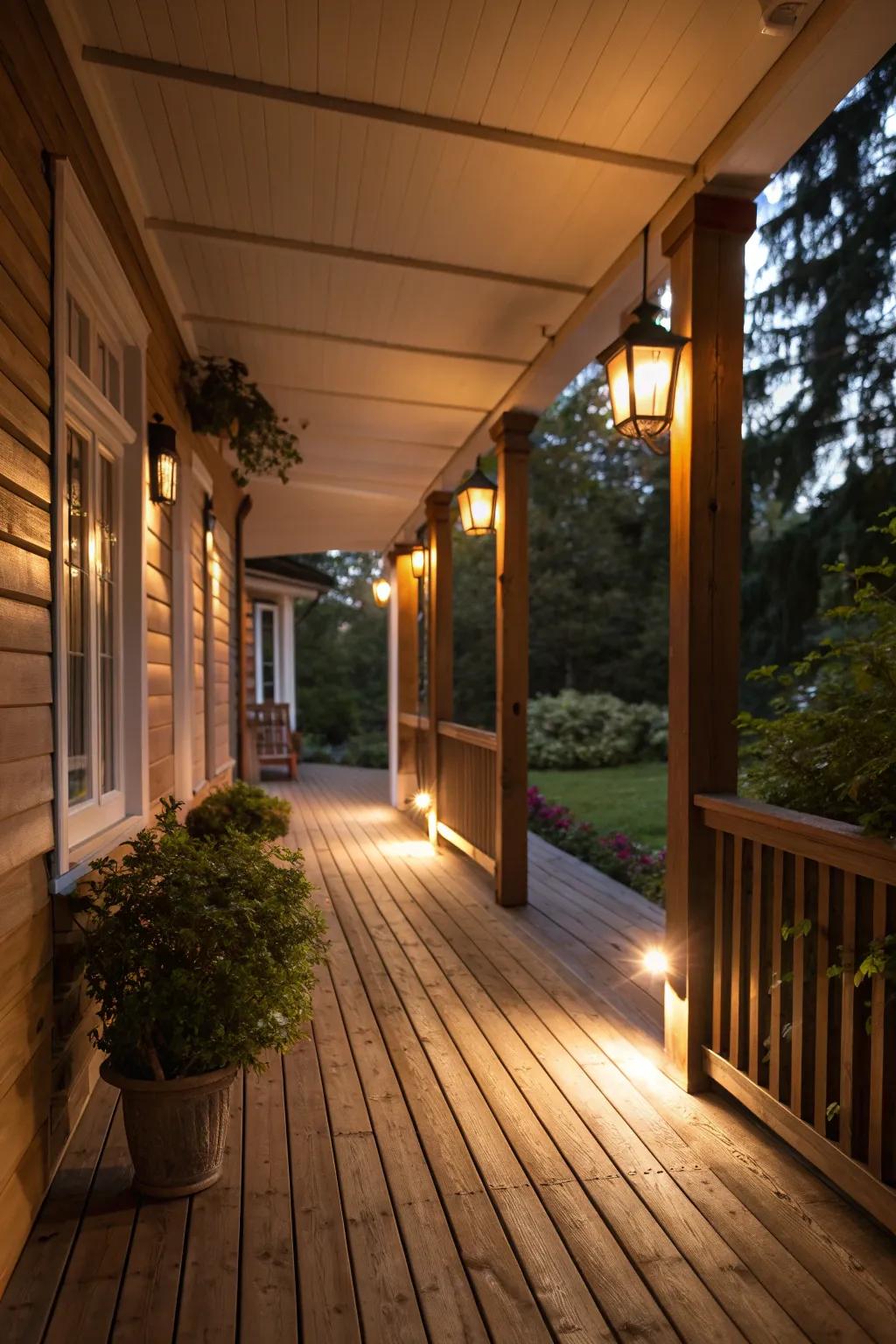 Ambient lighting enhances the charm of a wooden porch.
