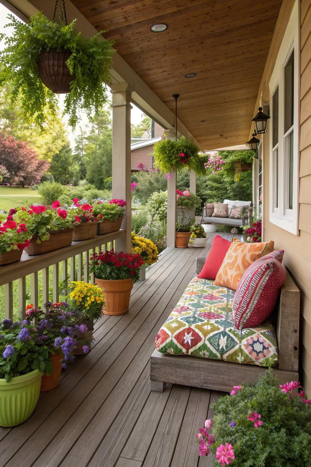 Colorful accents bring life to a wooden porch.