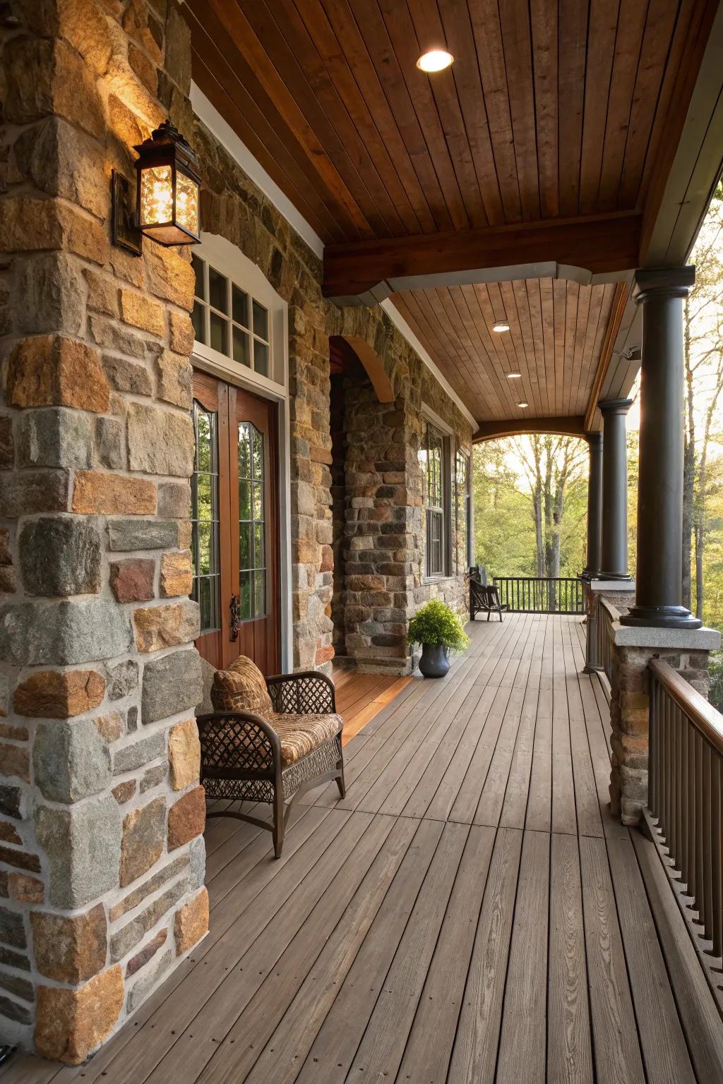 A porch that creatively mixes wood with stone accents.