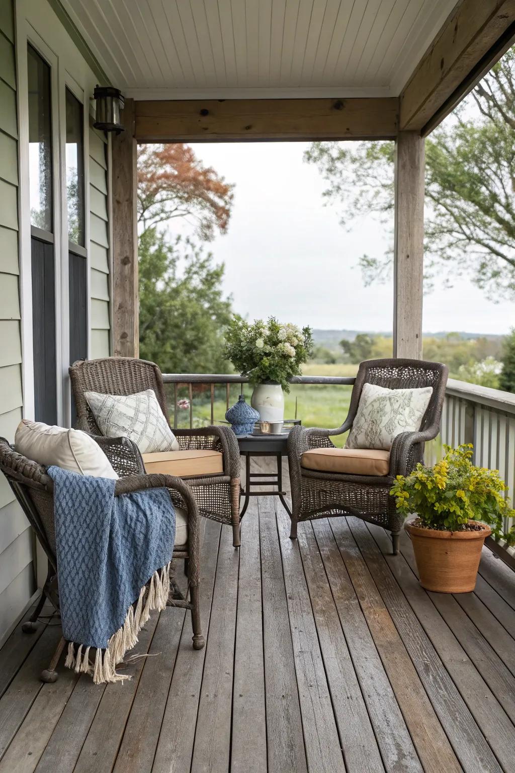 Symmetrical design brings balance to a wooden porch.