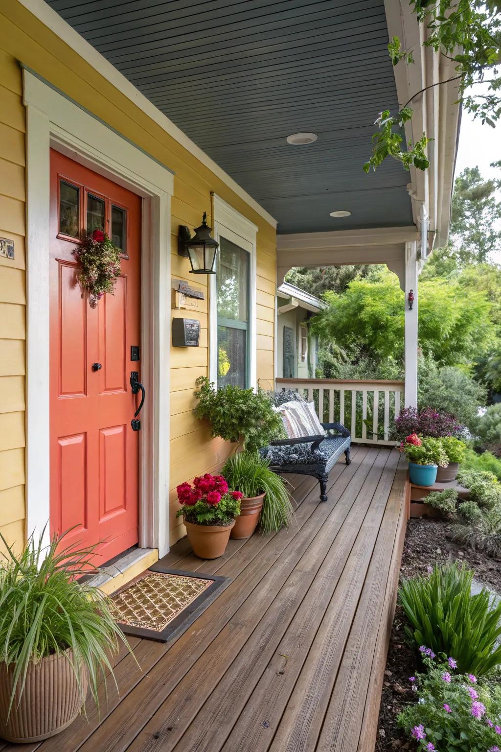A bold front door serves as a captivating focal point.