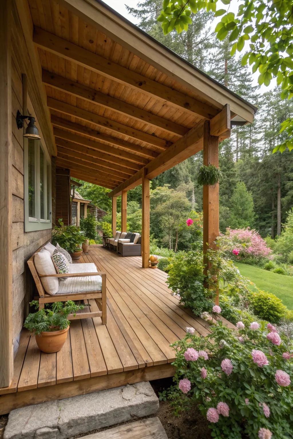 Eco-friendly choices make this porch both stylish and sustainable.