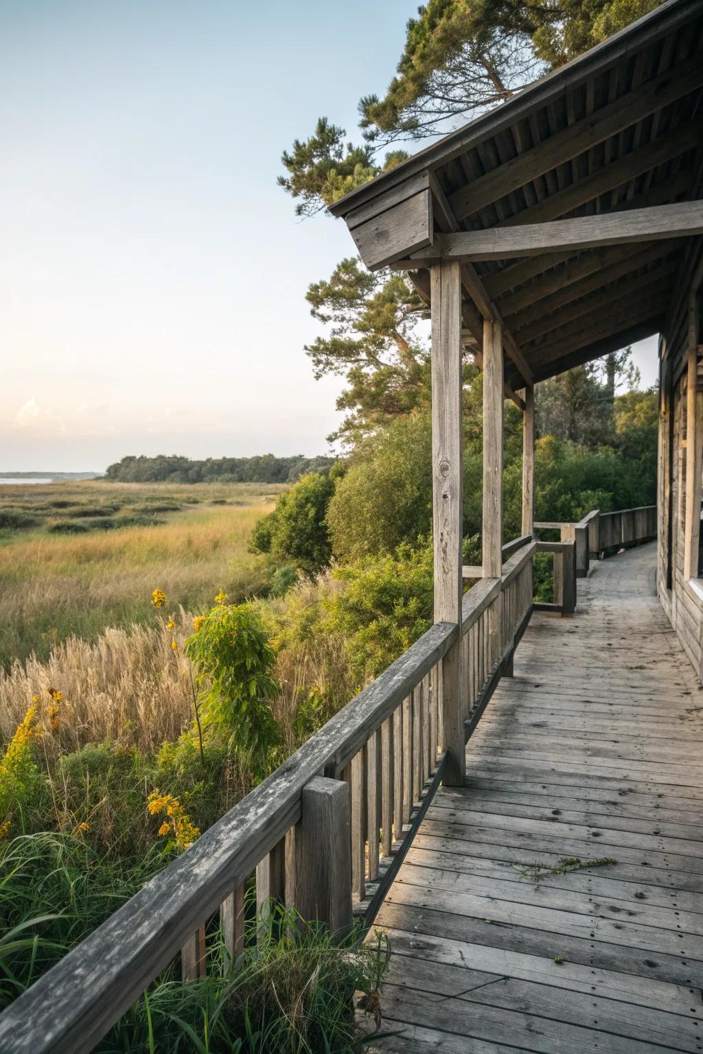 A porch that beautifully integrates with its natural surroundings.