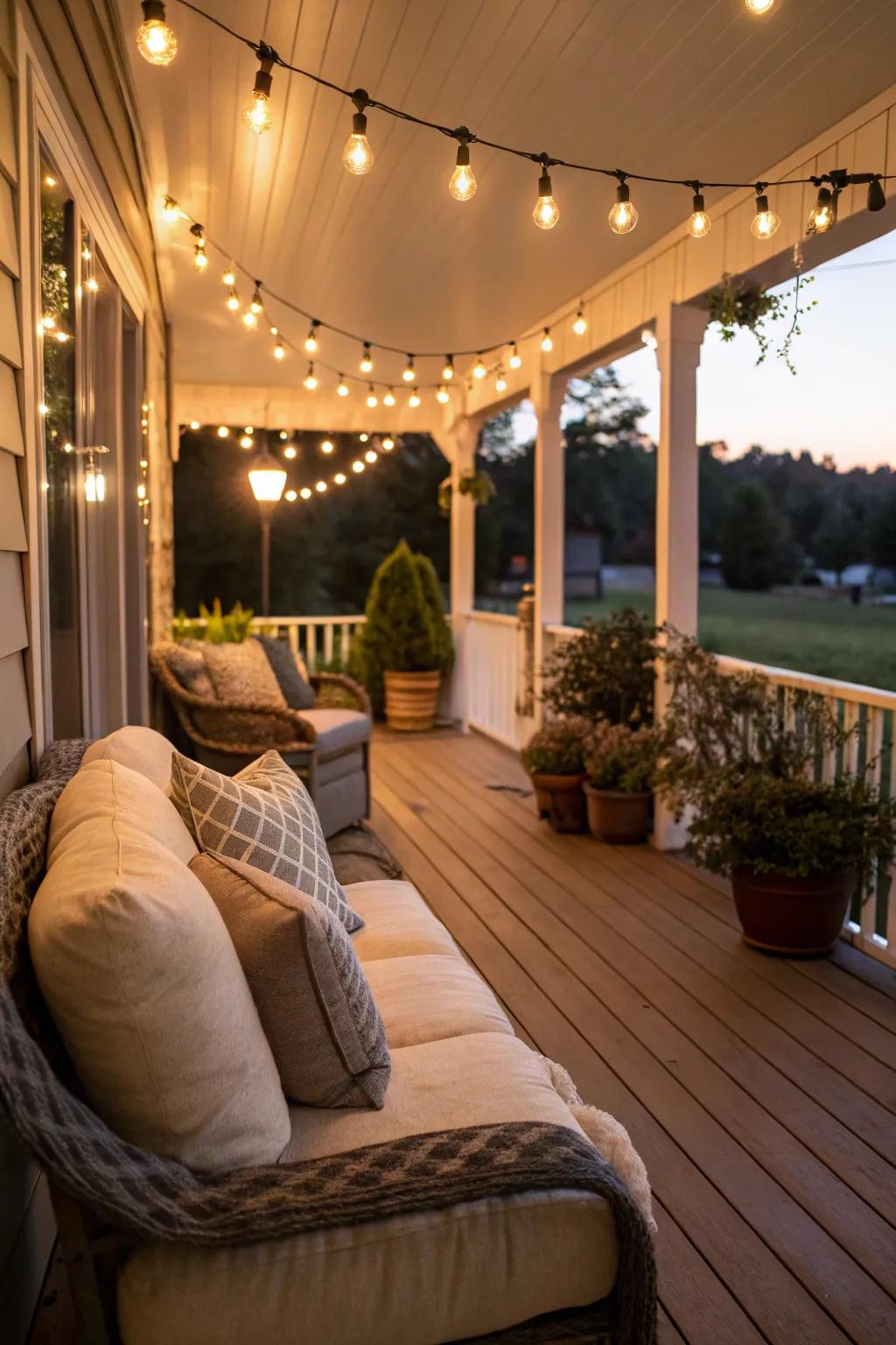 A front porch bathed in the ambient glow of string lights, creating a welcoming atmosphere.