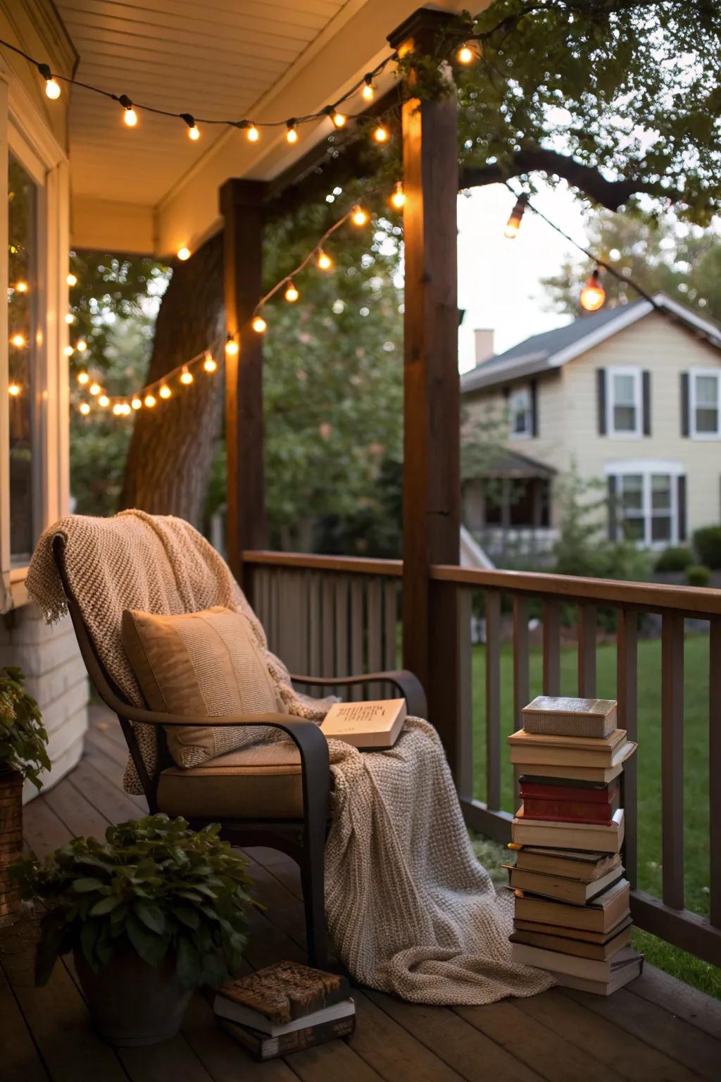 A peaceful reading nook on the front porch, lit by string lights.