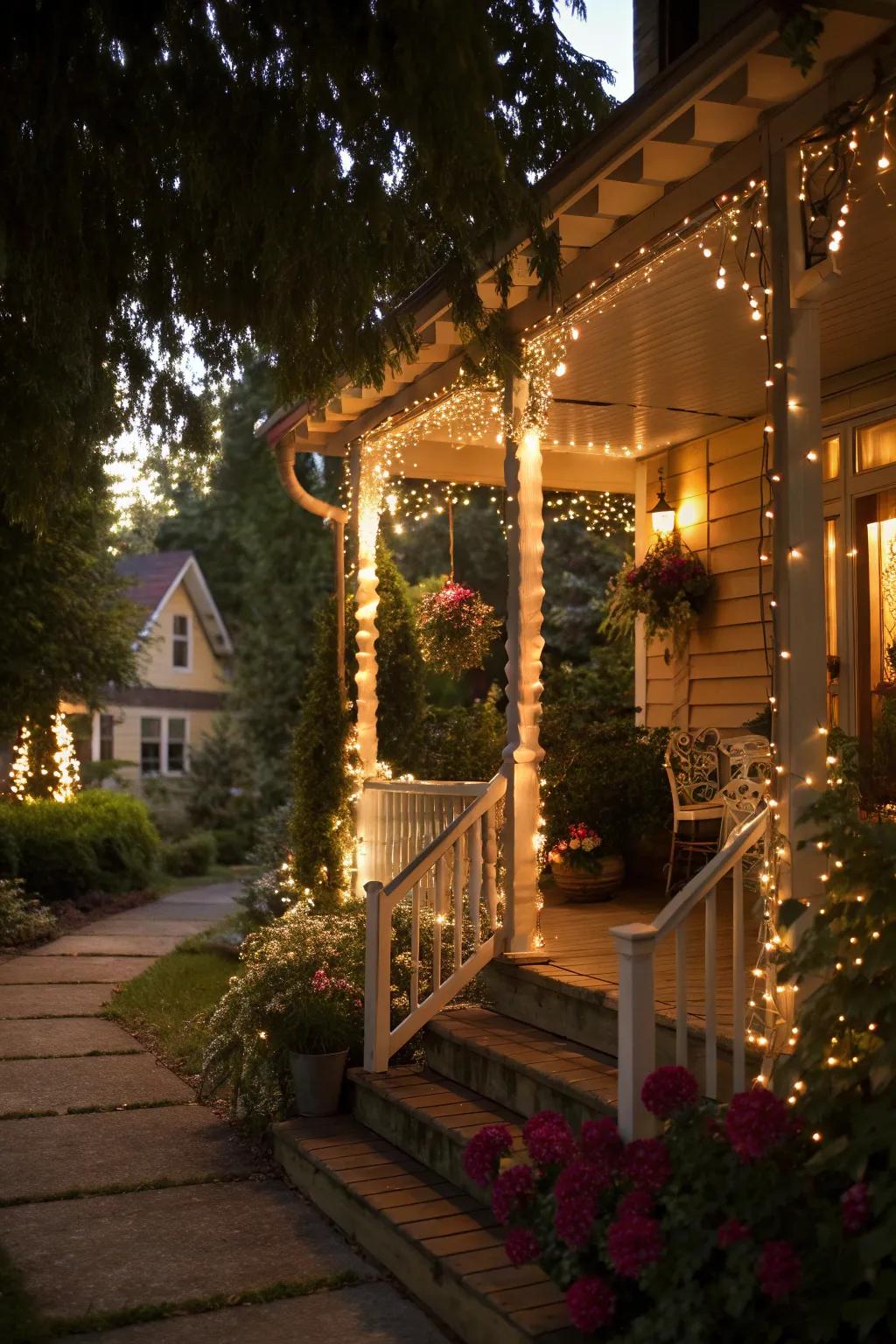 A dreamy porch atmosphere created by the delicate glow of fairy lights.