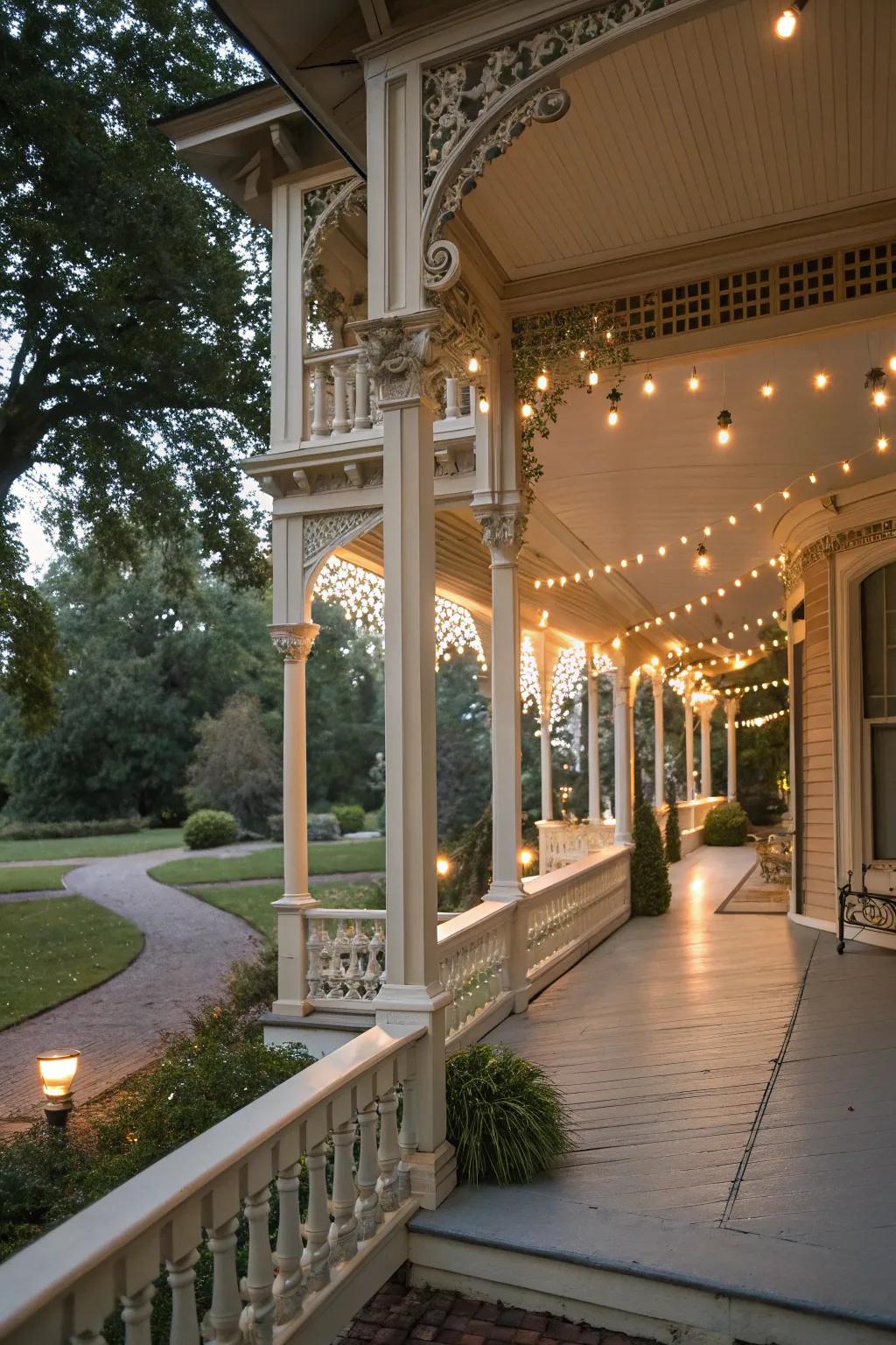 String lights emphasizing the architectural beauty of a front porch.