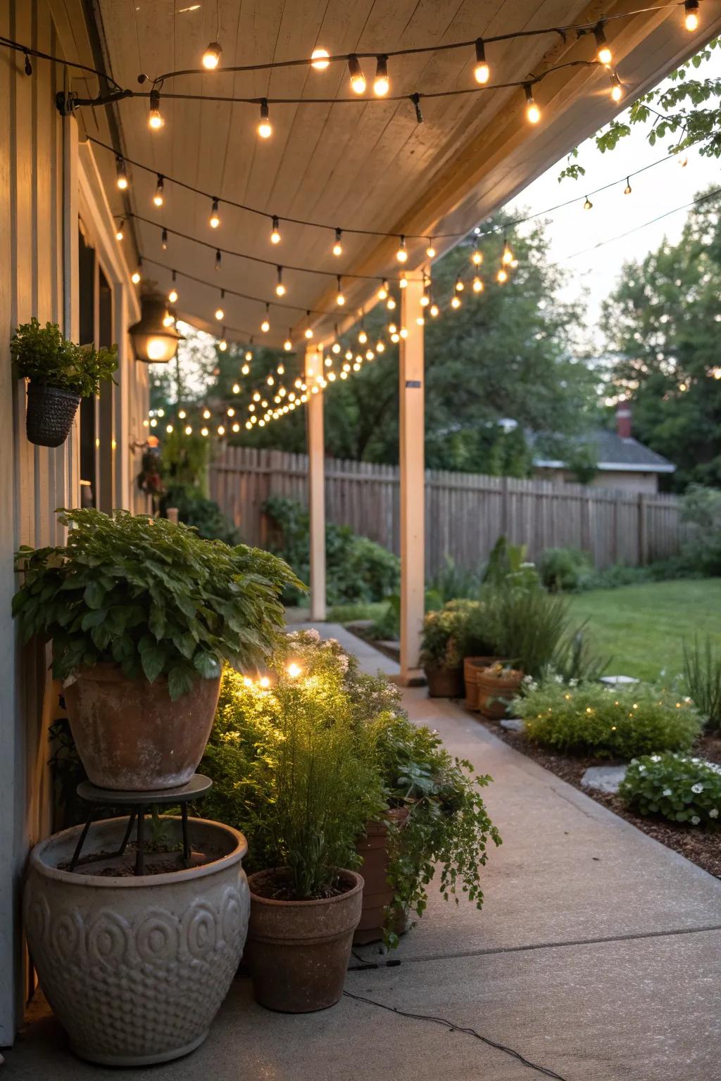 Potted plants illuminated by string lights, adding a magical touch to the porch.