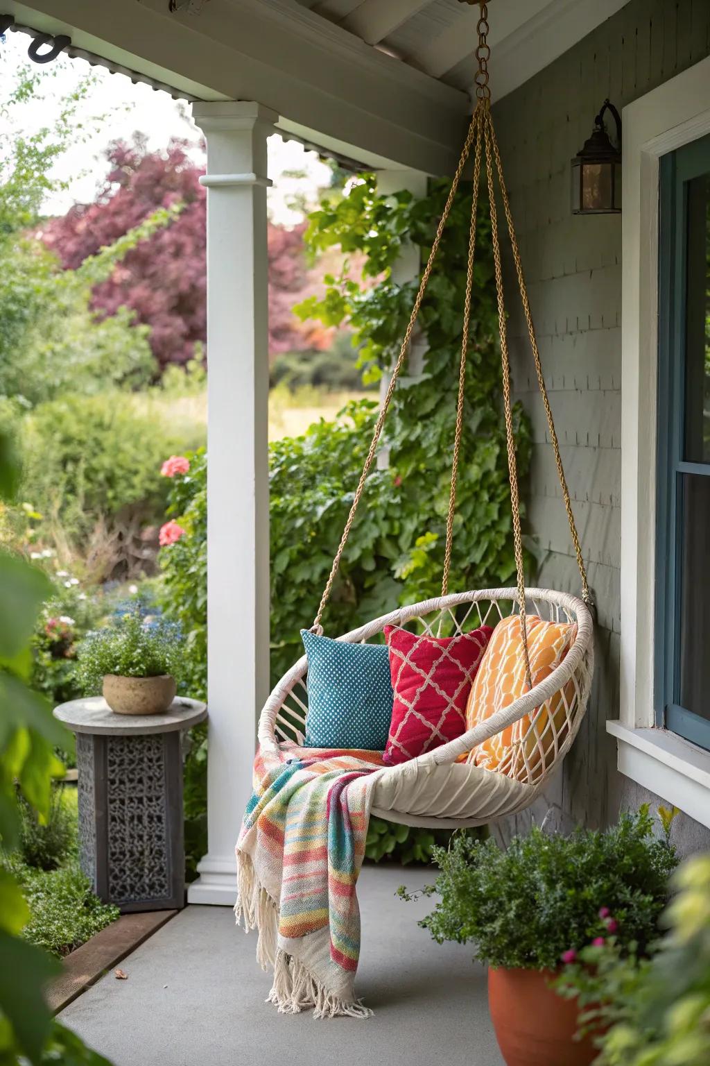 A charming porch swing chair perfect for relaxing.