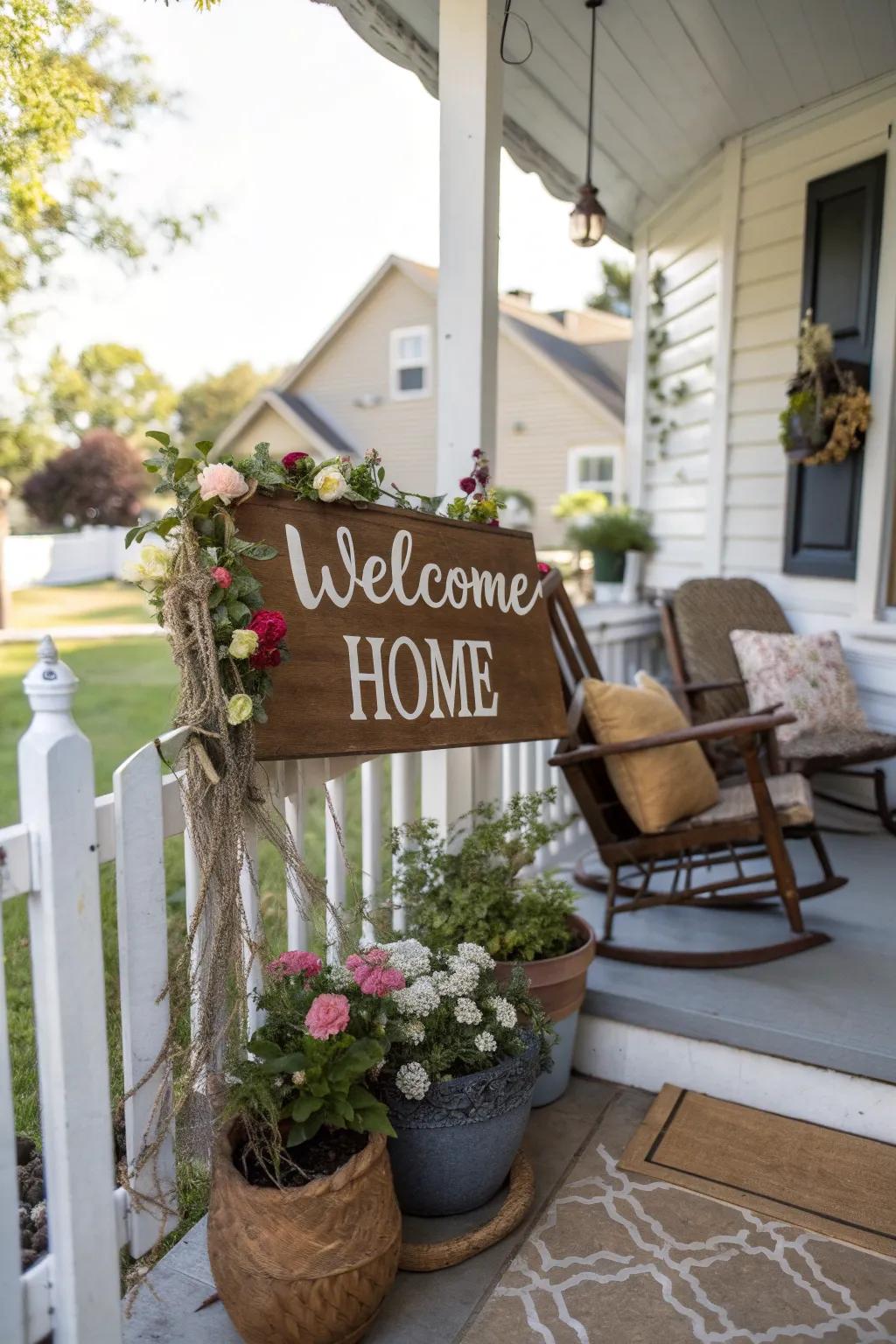 A personalized sign adding warmth to a small porch.